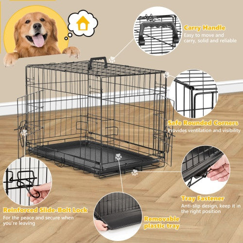 Jaula para perros con divisor, puerta doble, jaula de alambre plegable para perros con placa de plástico a prueba de fugas, perrera para mascotas de interior